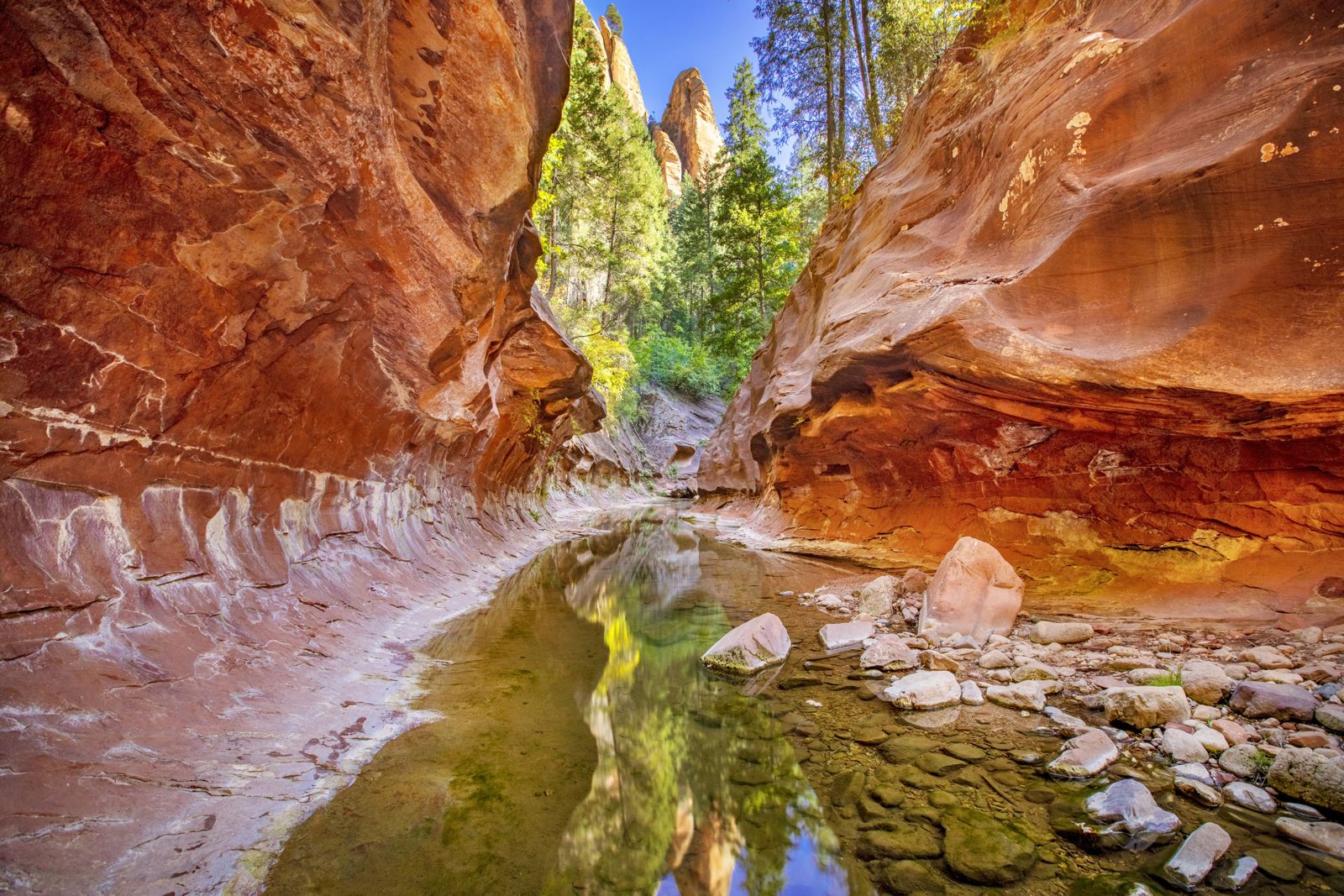 Oak Creek flowing through a narrow red-rock channel known as the Subway